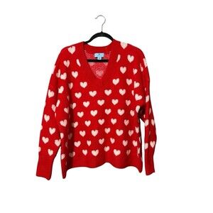 CeCe Heart Print Oversized Sweater Red V Neck Knit Pullover Size M
